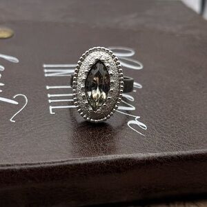 Vintage Oversized Marquise Rhinestone Statement Ring Silver Tone Size 8